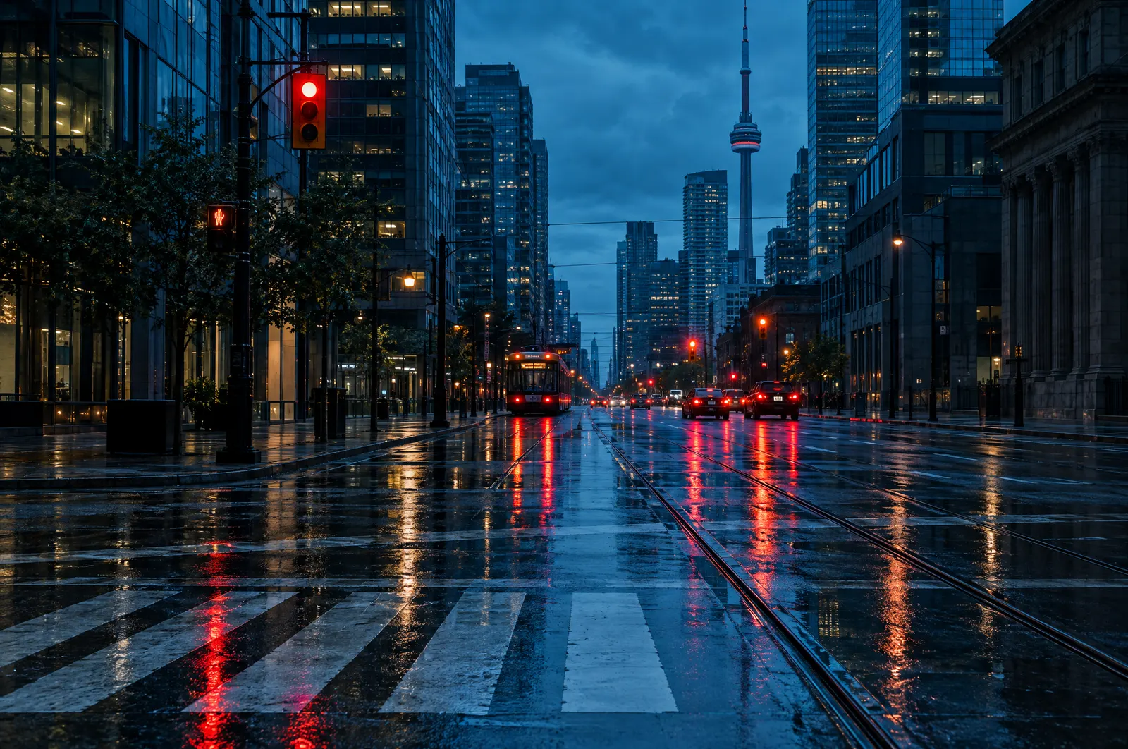 A wet downtown Toronto intersection at dusk with red traffic lights